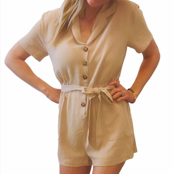NWT SADIE & SAGE Tan Linen Blend Romper with Tie - Picture 1 of 4